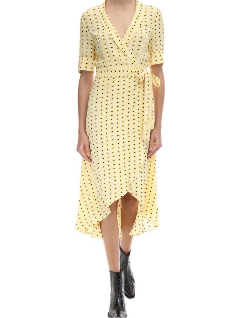 Ganni Yellow Black Polka Dot Wrap High-Low Dress